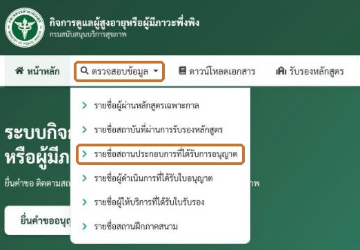 หน้าเว็บกรม สบส. เมนูตรวจสอบข้อมูล เลือกรายชื่อสถานประกอบการที่ได้รับการอนุญาต